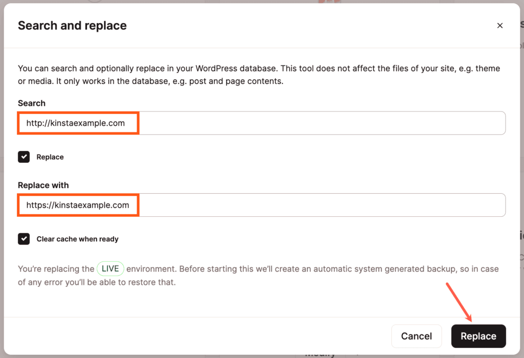 Procurando uma URL antiga e substituindo-a por uma nova URL com a ferramenta de pesquisa e substituição do MyKinsta.