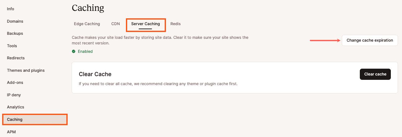 Modificare la scadenza della cache nella scheda Cache di MyKinsta.