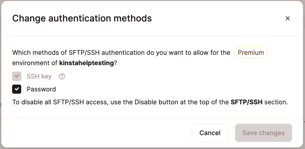 Select Password to enable or disable SSH access with a username and password.