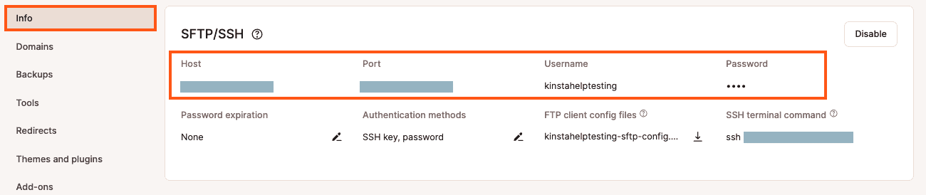 SFTP and SSH details in MyKinsta.