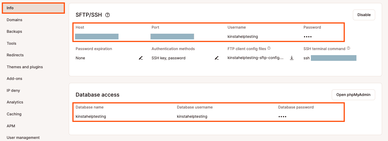 Credentials for setting up SSH tunneling can be found in MyKinsta.