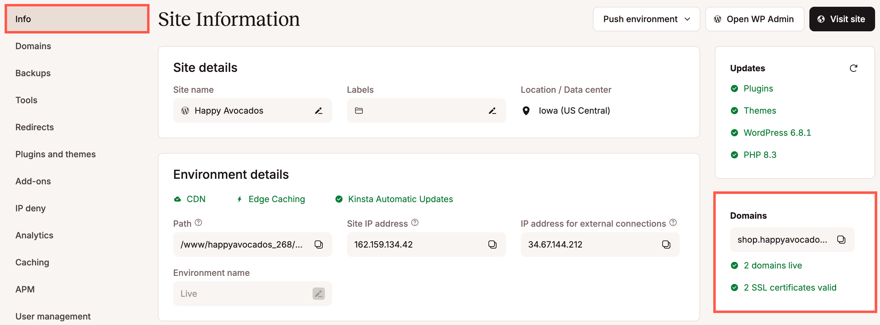 Domain information on your site's Info page.