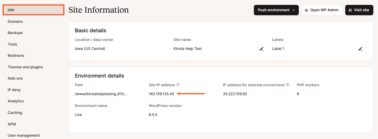 Site IP Address in MyKinsta.