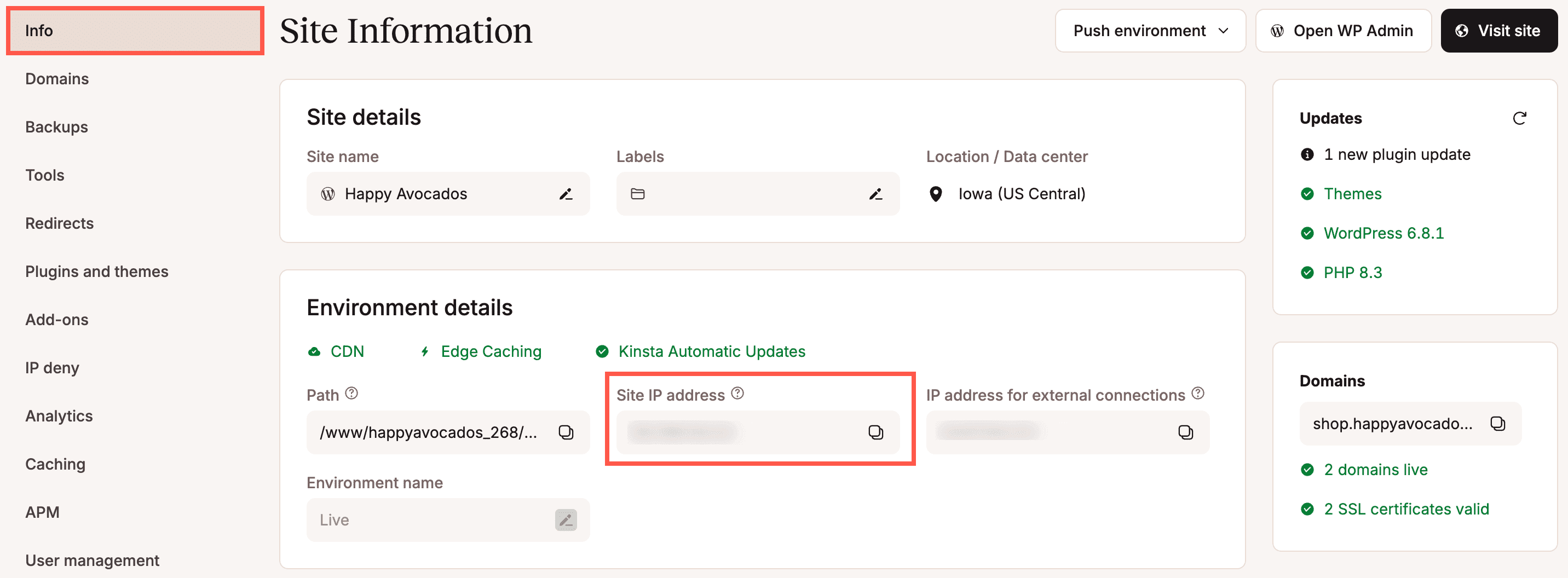 Site IP Address in MyKinsta.