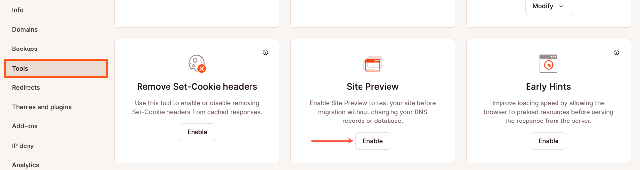Enable Site Preview in MyKinsta.