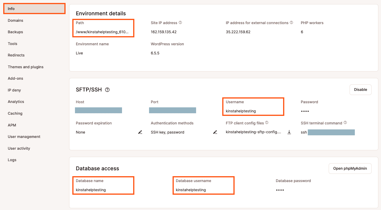 SSH/SFTP and database credentials are not changed by renaming a site in MyKinsta.