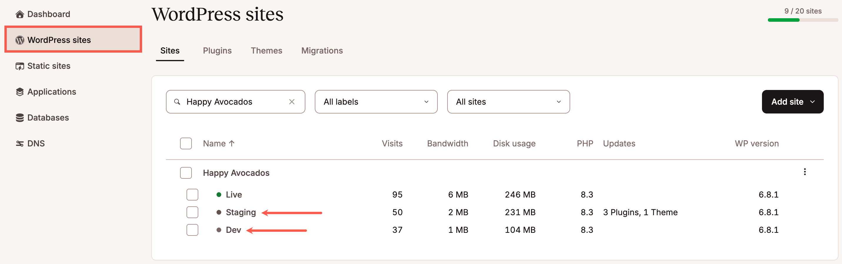 Select a WordPress staging environment in MyKinsta.