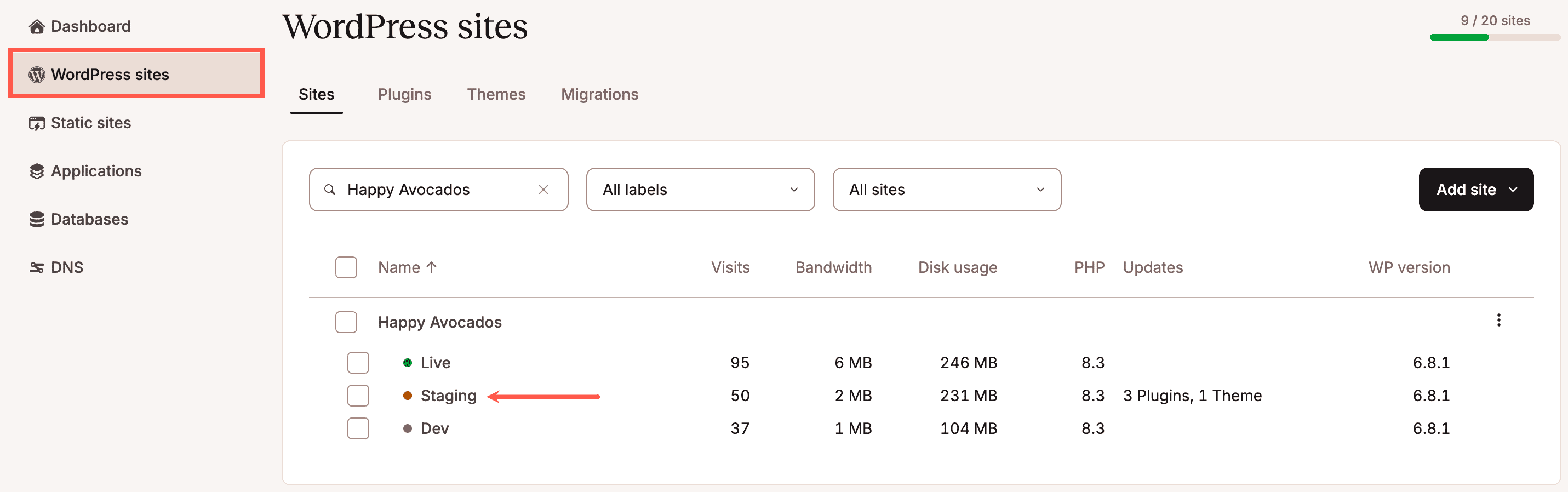 Access the staging environment from WordPress Sites.