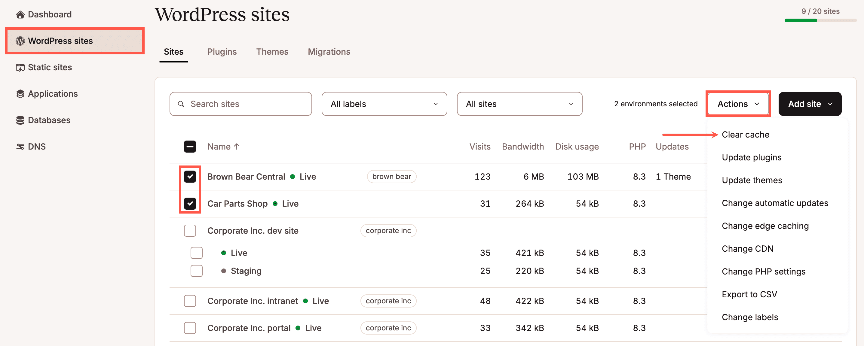 Select which environments you want to clear the cache for.