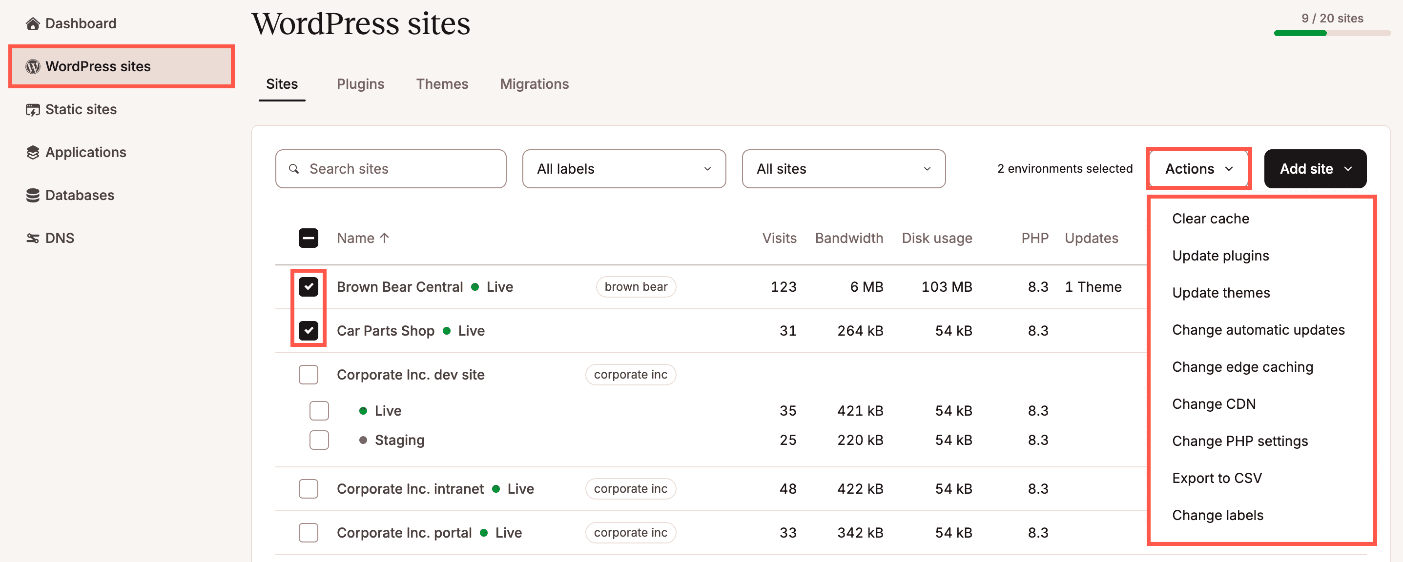 Perform bulk actions for your WordPress environments from WordPress Sites.