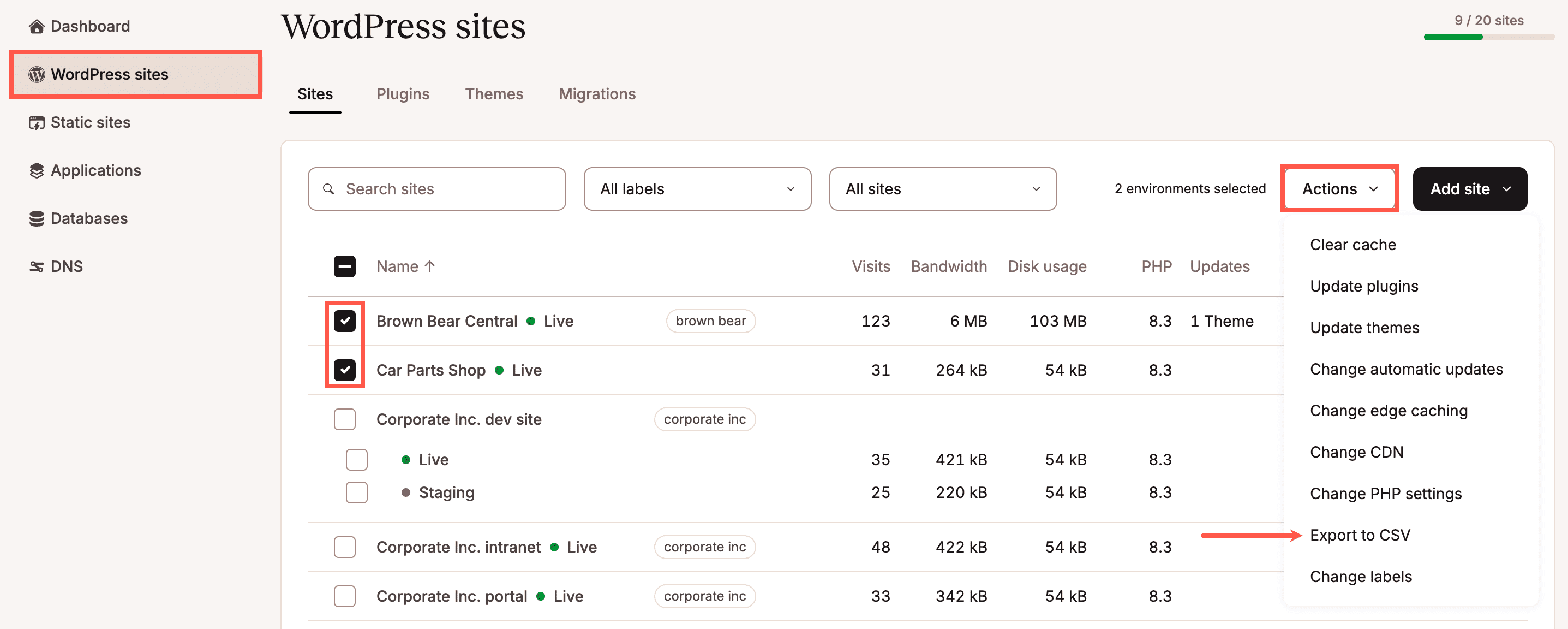 Select which sites you want to export to CSV.