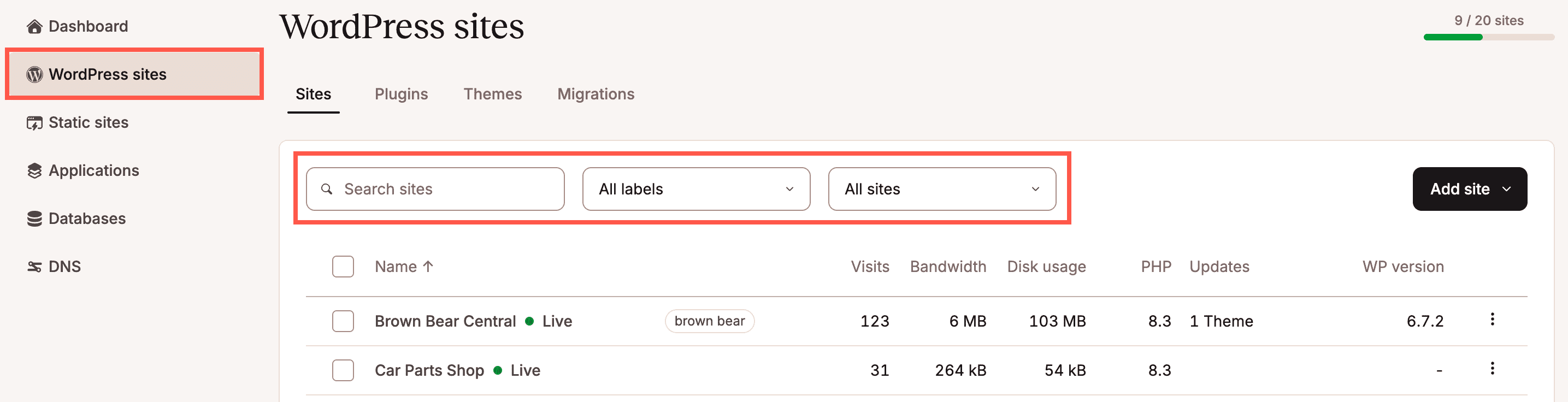 Search and filter your WordPress sites. 