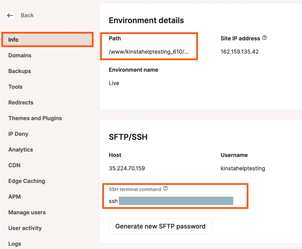 Ruta y comando de terminal SSH en MyKinsta.