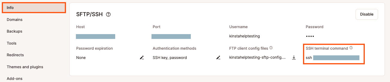 SSH terminal command in MyKinsta.