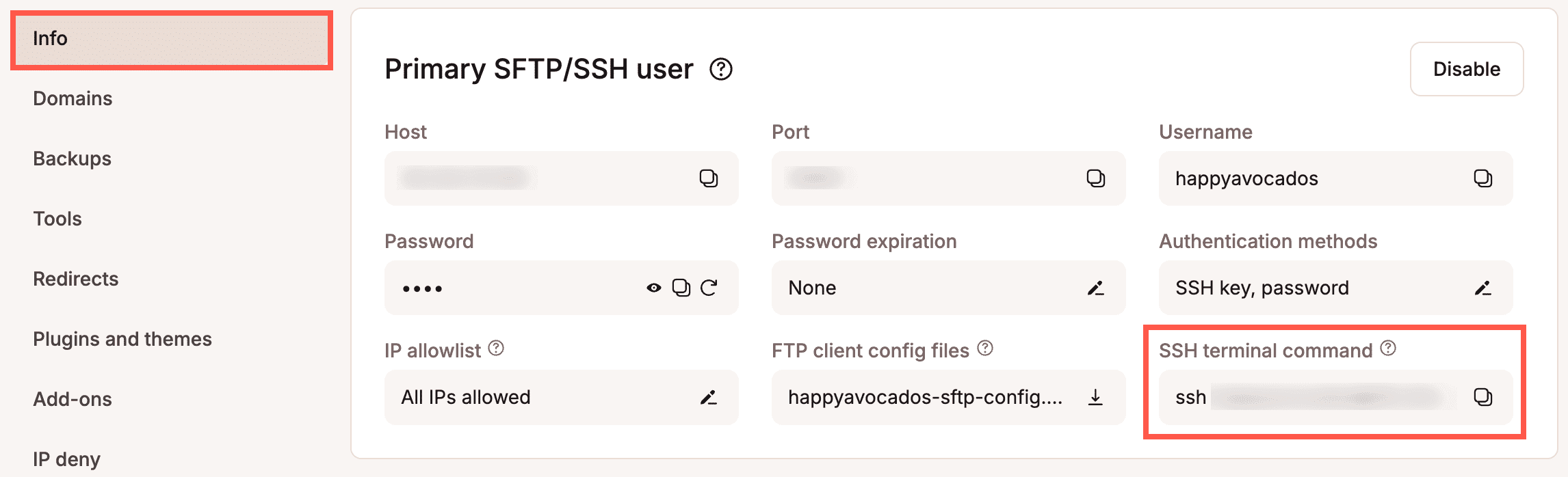 SSH terminal command for your site.