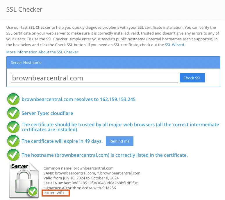 Check for SSL issuer name with SSLShopper SSL Checker.