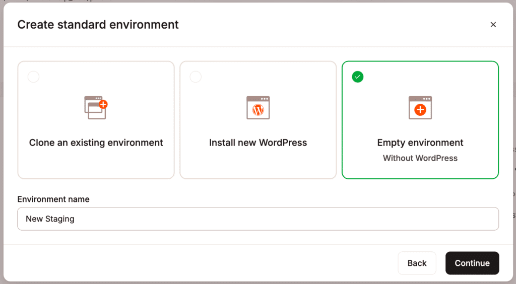 Create an empty new environment with no WordPress.