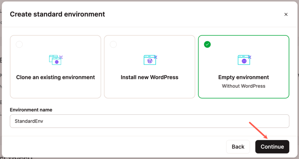 Crea un nuevo entorno vacío sin WordPress.