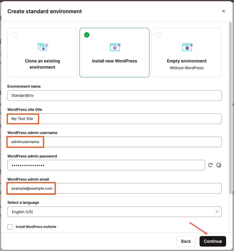 Installeer nieuwe WordPress in je testomgeving.