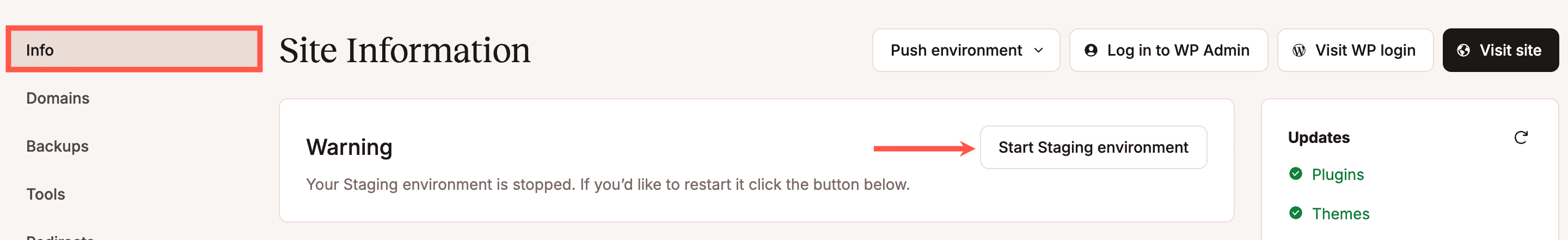 Restart your staging environment in MyKinsta.