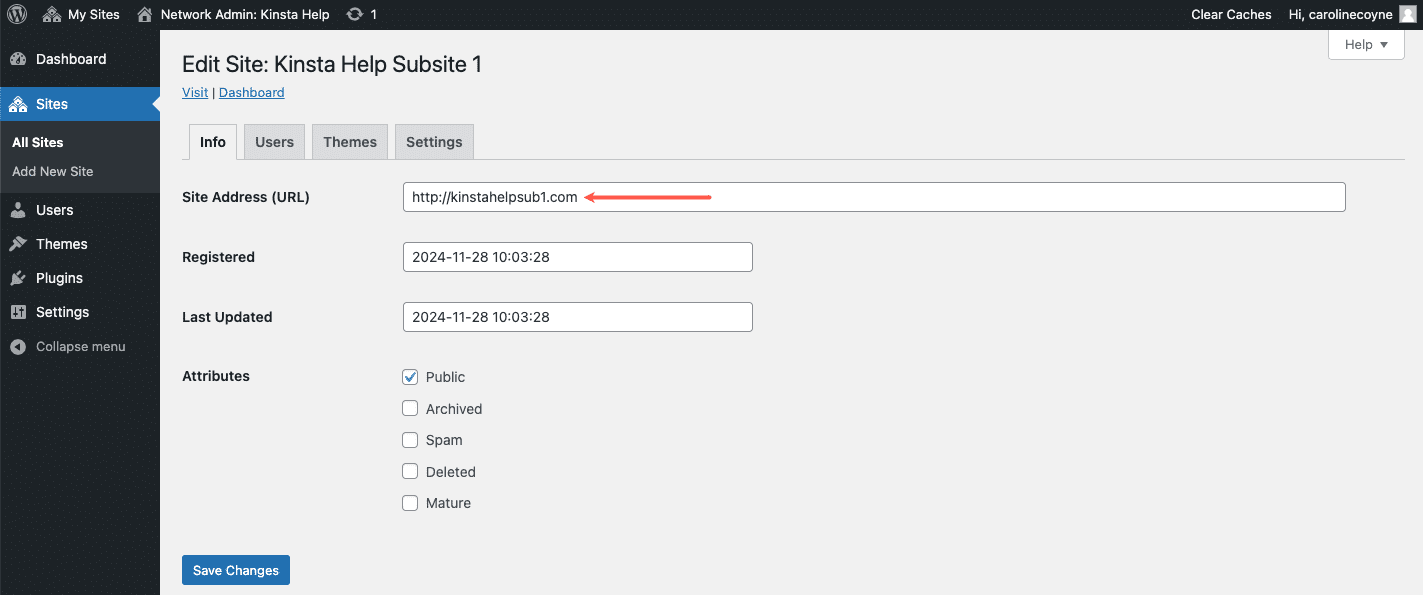 Add your custom domain's URL in the Site Address field to map your domain to your subsite.