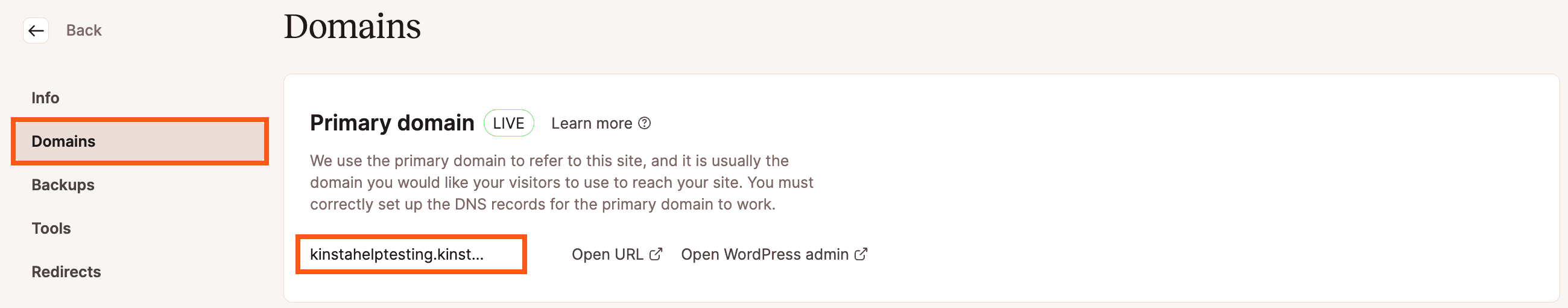 Tijdelijke WordPress URL voor een Kinsta site.
