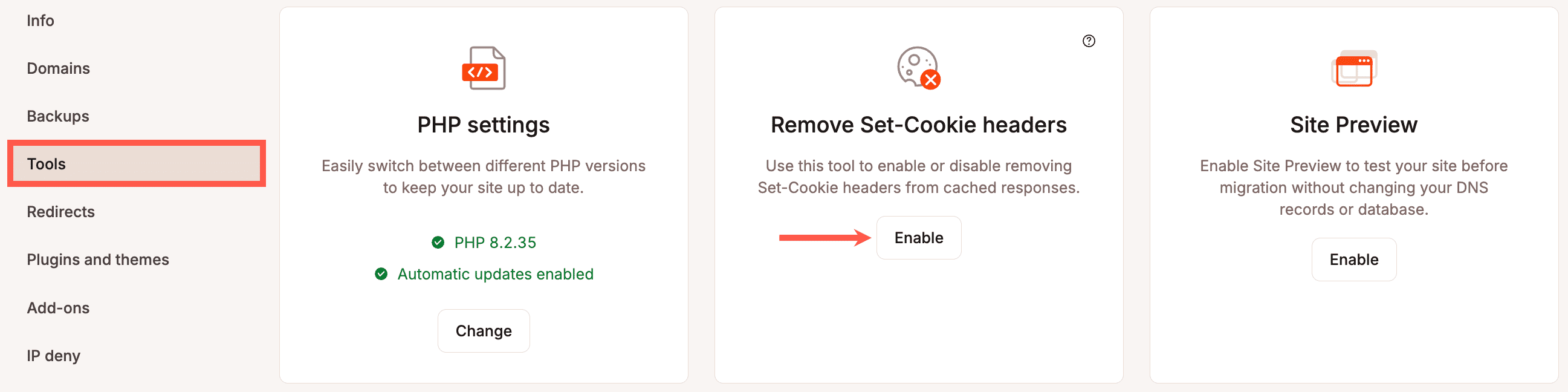 Enable or disable Remove Set-Cookie headers in MyKinsta.