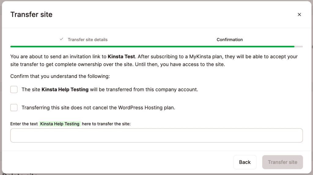 Click the Transfer site button to confirm your site transfer.