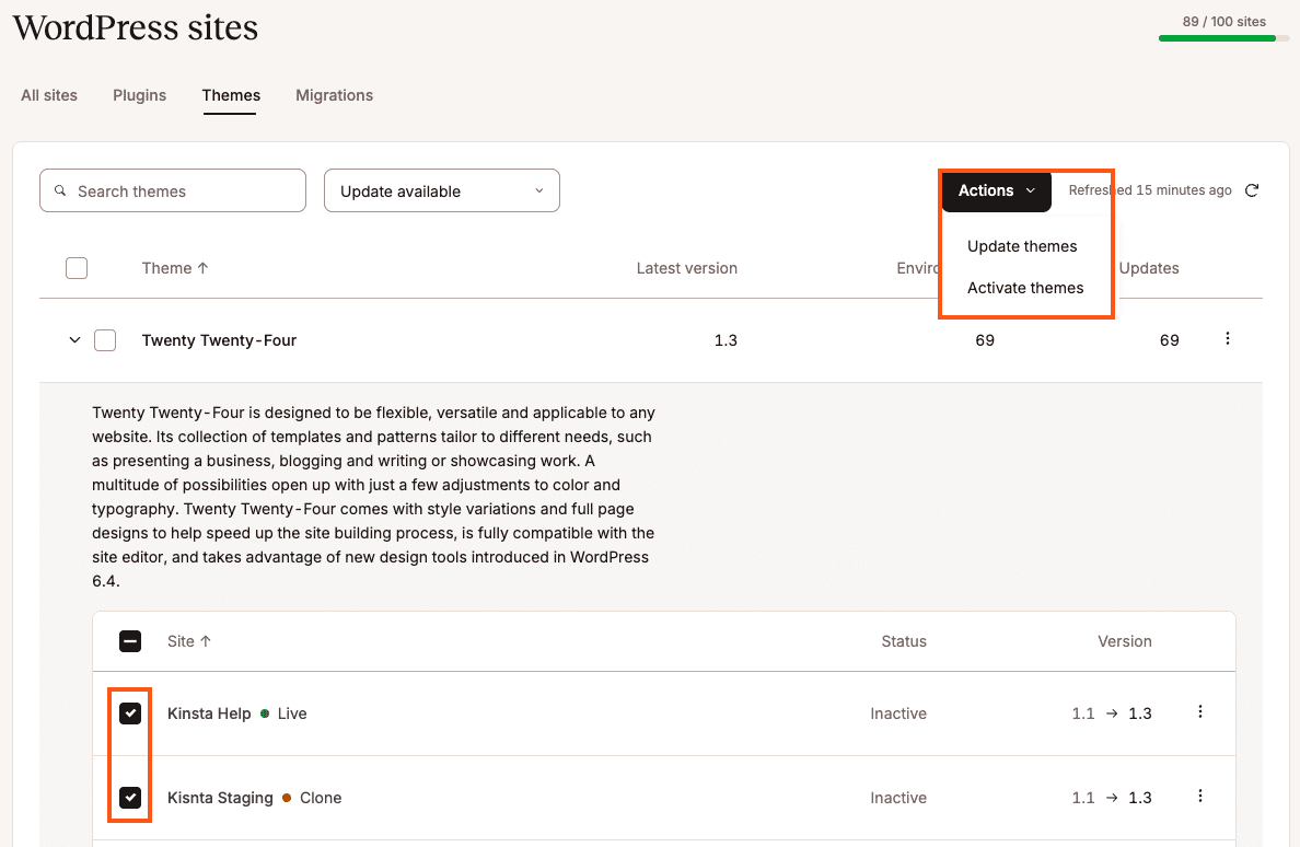 Update or activate themes for multiple sites.