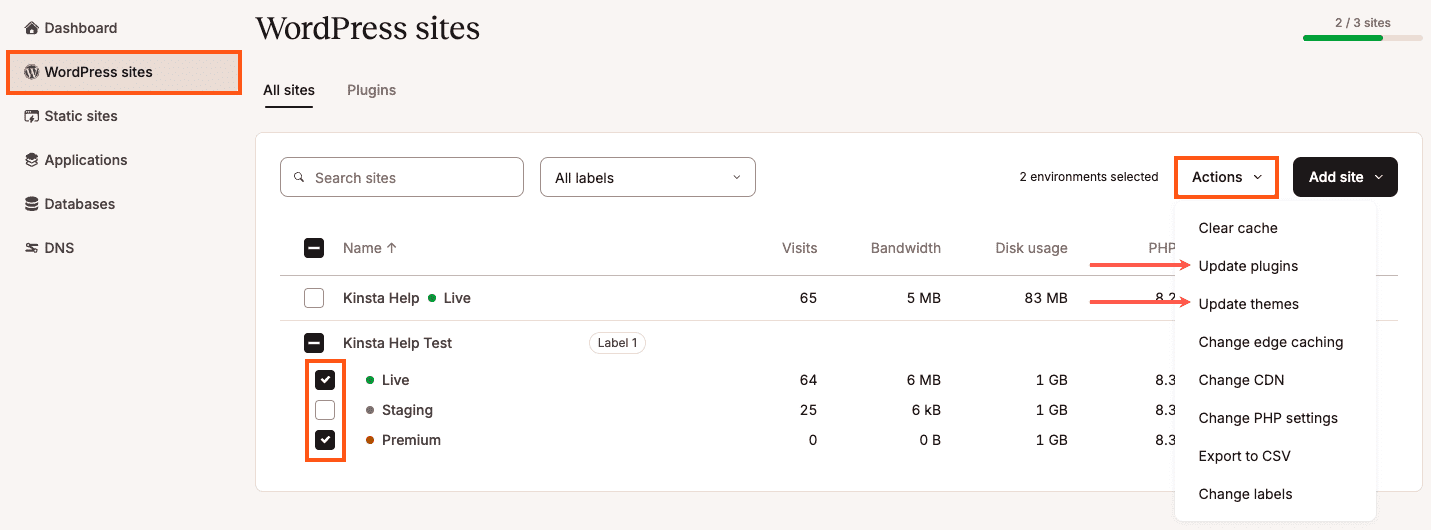 Select which environments you want to update plugins or themes for.