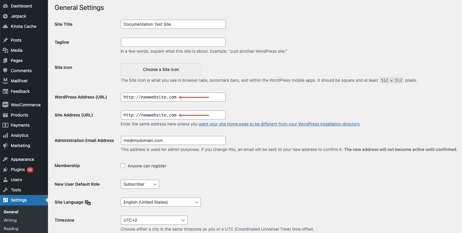 Changing the Kinsta temporary URL to your custom URL in WordPress settings.