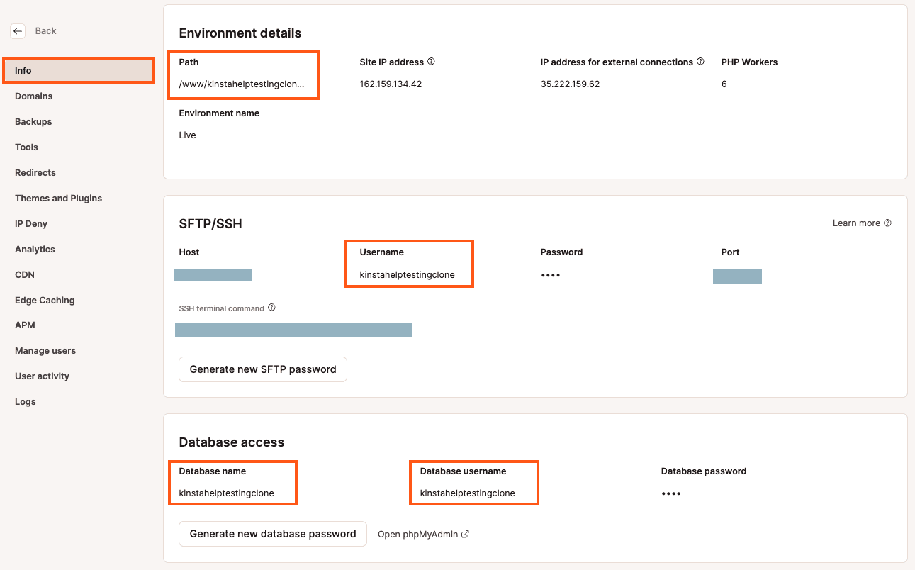 MyKinstaでサイト名を変更しても、SSH/SFTとデータベースの認証情報には反映されない