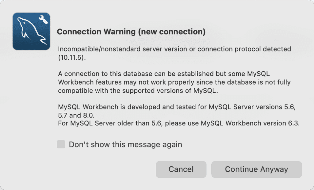 MySQL Workbench connection warning