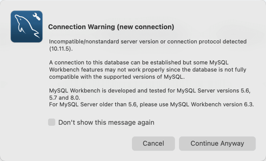MySQL Workbench Verbindungswarnung