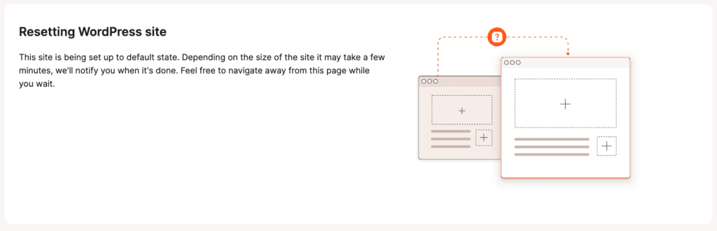 The Resetting WordPress site screen shows until the site reset is complete. 