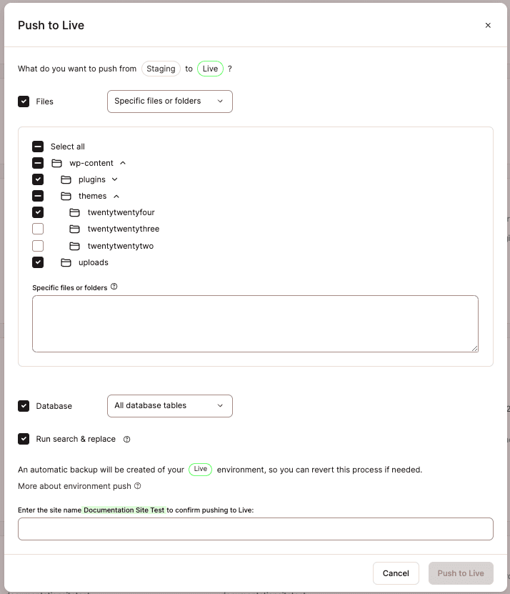 Gebruik Selective Push om bestanden van test naar live te pushen.