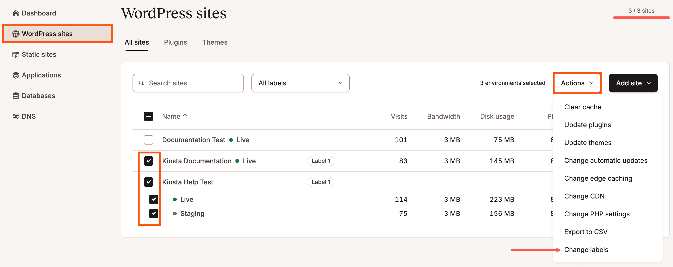 Select which environments you want to change the labels for.