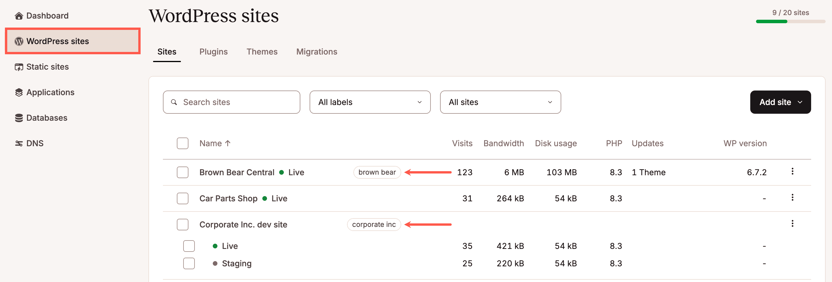 Site labels under site names in MyKinsta.