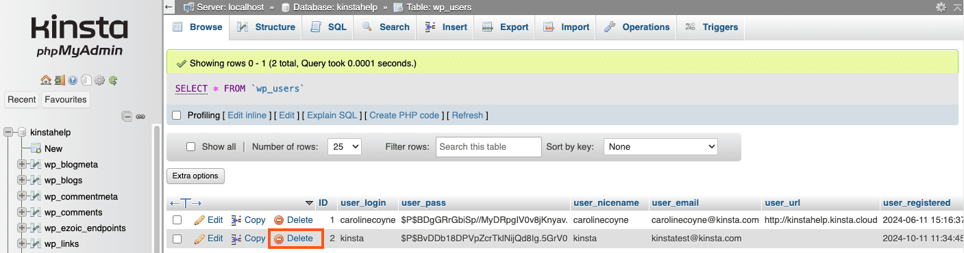 Delete a user within the wp_users table in phpMyAdmin.