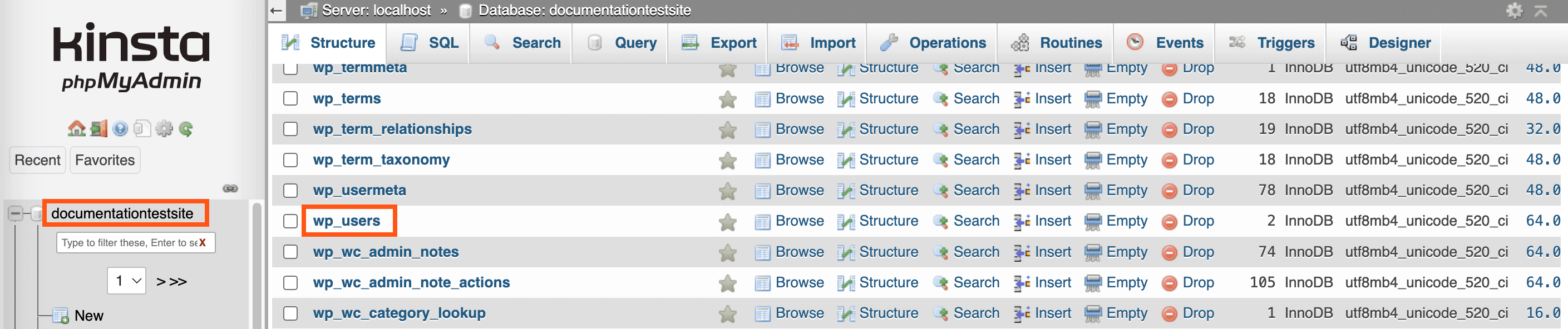 Selezionare la tabella wp_users all'interno di phpMyAdmin.