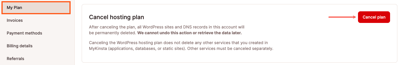 Cancellare un piano di Hosting WordPress gestito in MyKinsta.