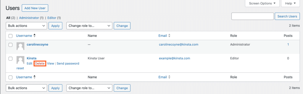 Delete a WordPress user in WP Admin. 