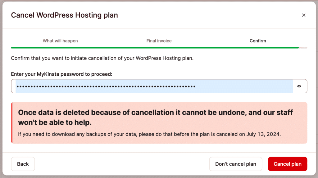 Inserire la password MyKinsta per confermare la cancellazione. 