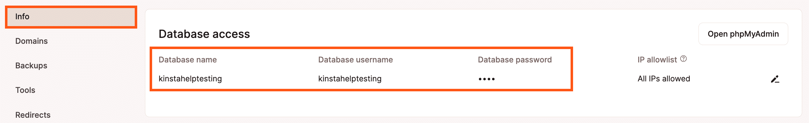 Credenciais de acesso ao banco de dados no MyKinsta.