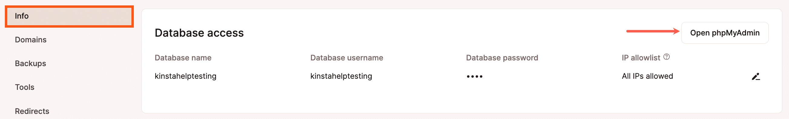 Ouvrez phpMyAdmin depuis MyKinsta.