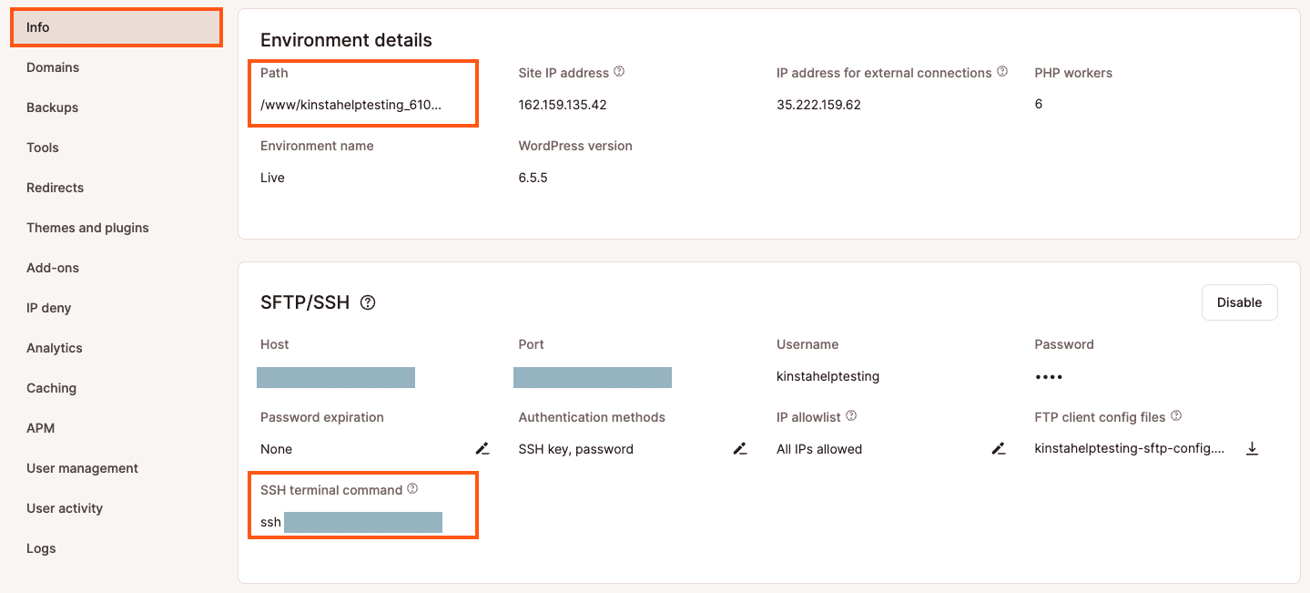 Public path and SSH details in MyKinsta.