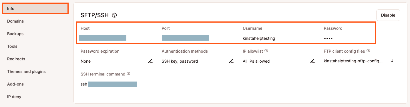 Find your SFTP details in MyKinsta.