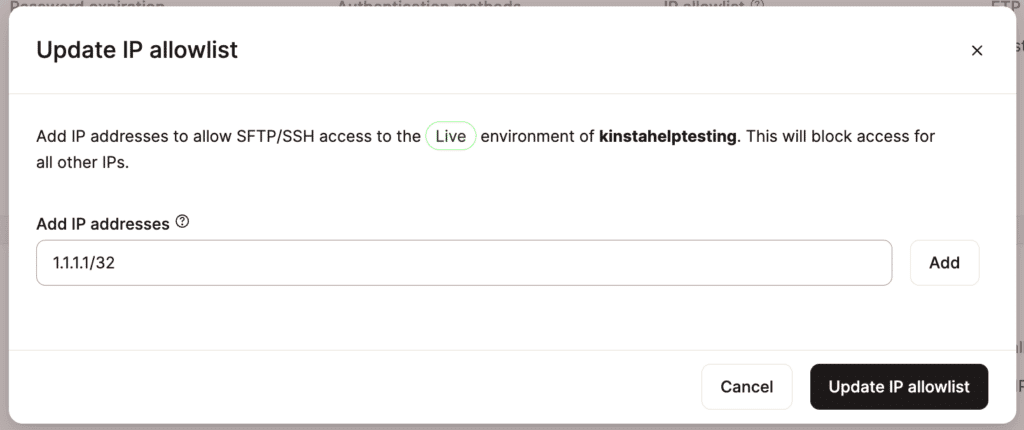 Especifique os endereços IP que têm permissão para acessar seu ambiente via SFTP/SSH.