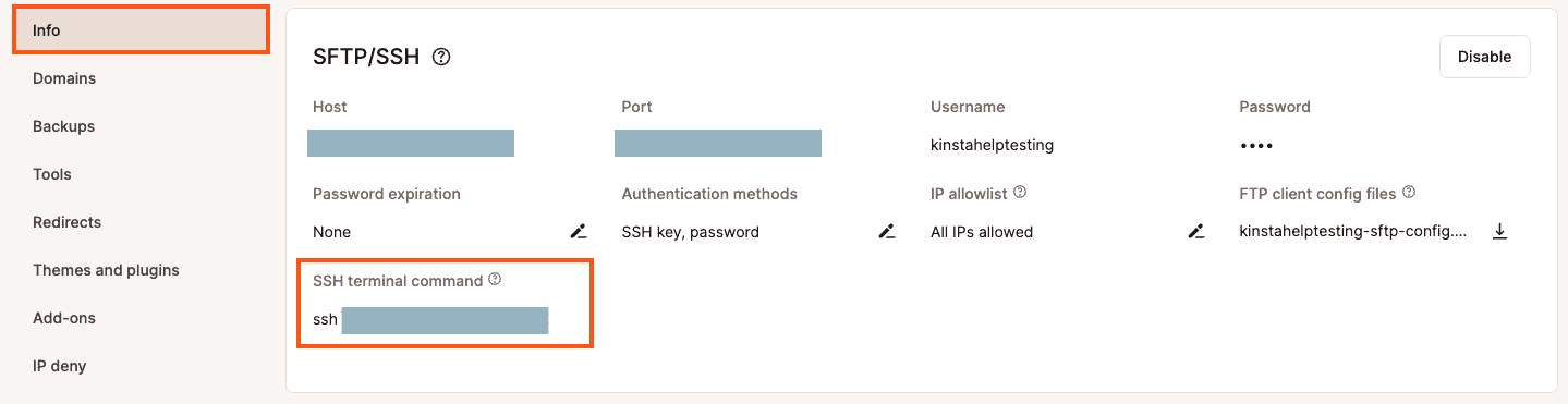 Commande de terminal SSH dans MyKinsta.