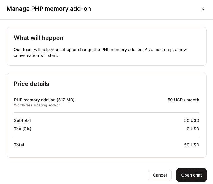 PHP memory add-on pricing information. 